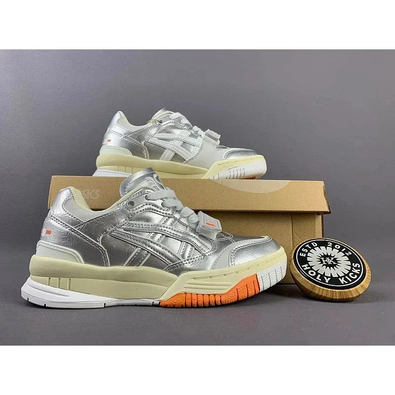 ASICS Silver Leather Sneakers with Orange Accents Silver - 1