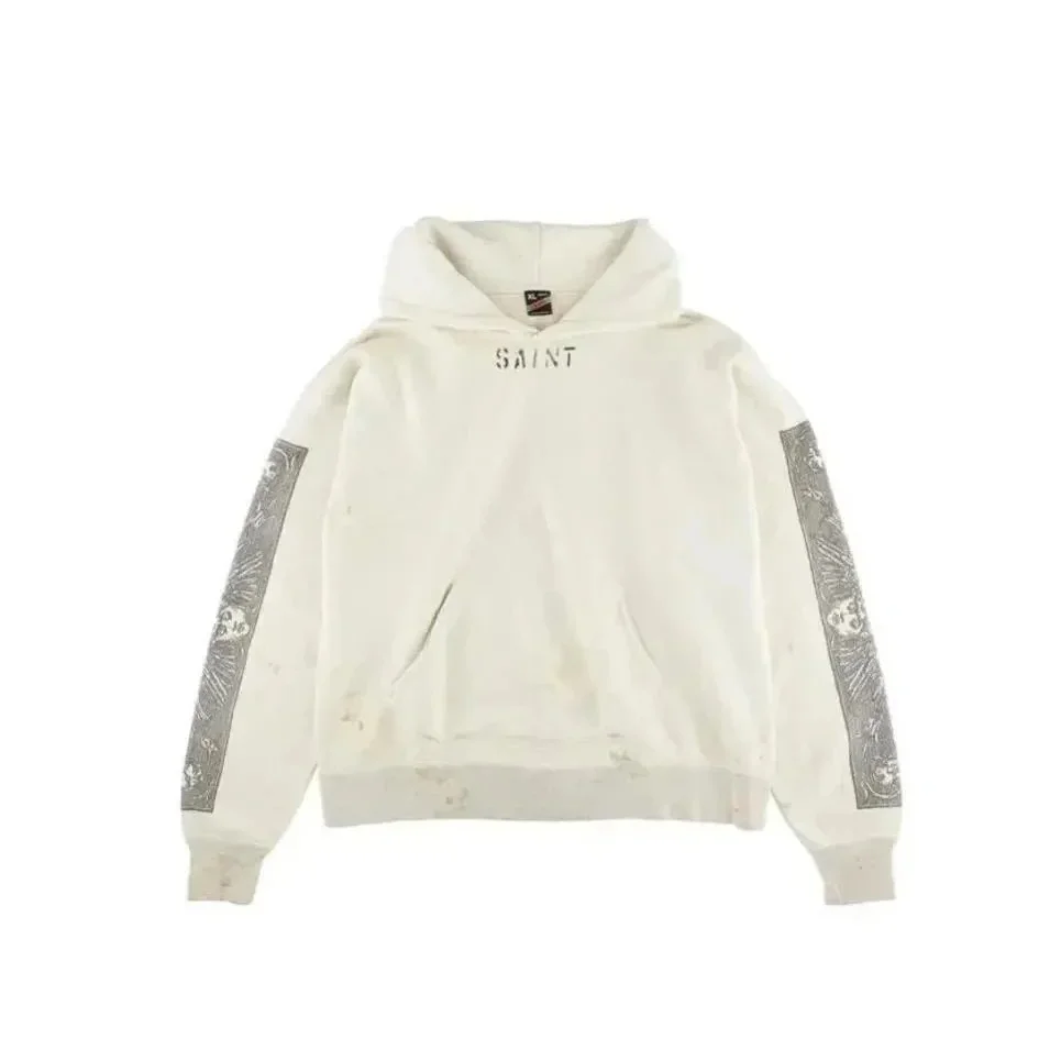 Other Unisex Distressed White Hoodie with Graphic Sleeves White - 1