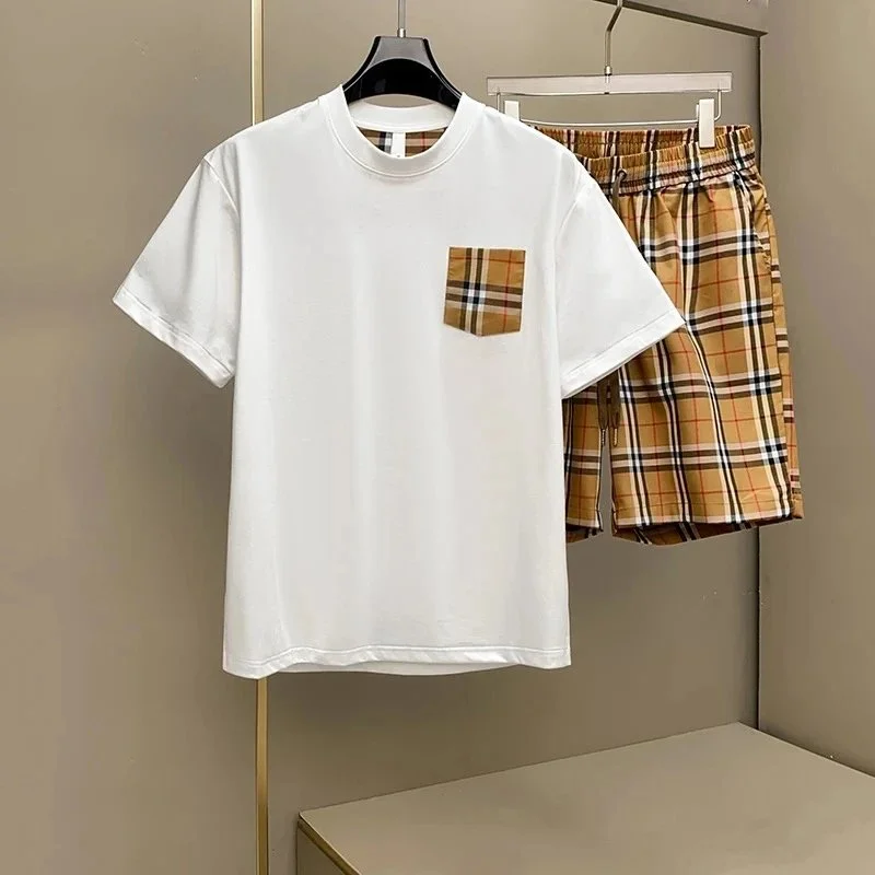Burberry Unisex White T-Shirt with Plaid Pocket and Plaid Shorts Set White - 1