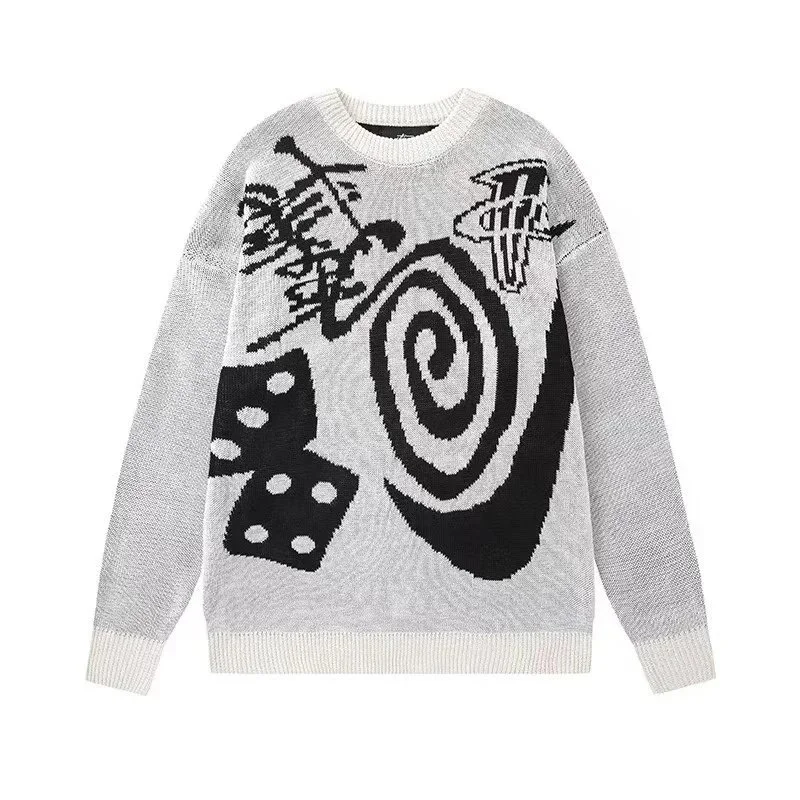 Essentials Unisex Grey Knit Sweater with Black Spiral & Dice Print Grey - 1