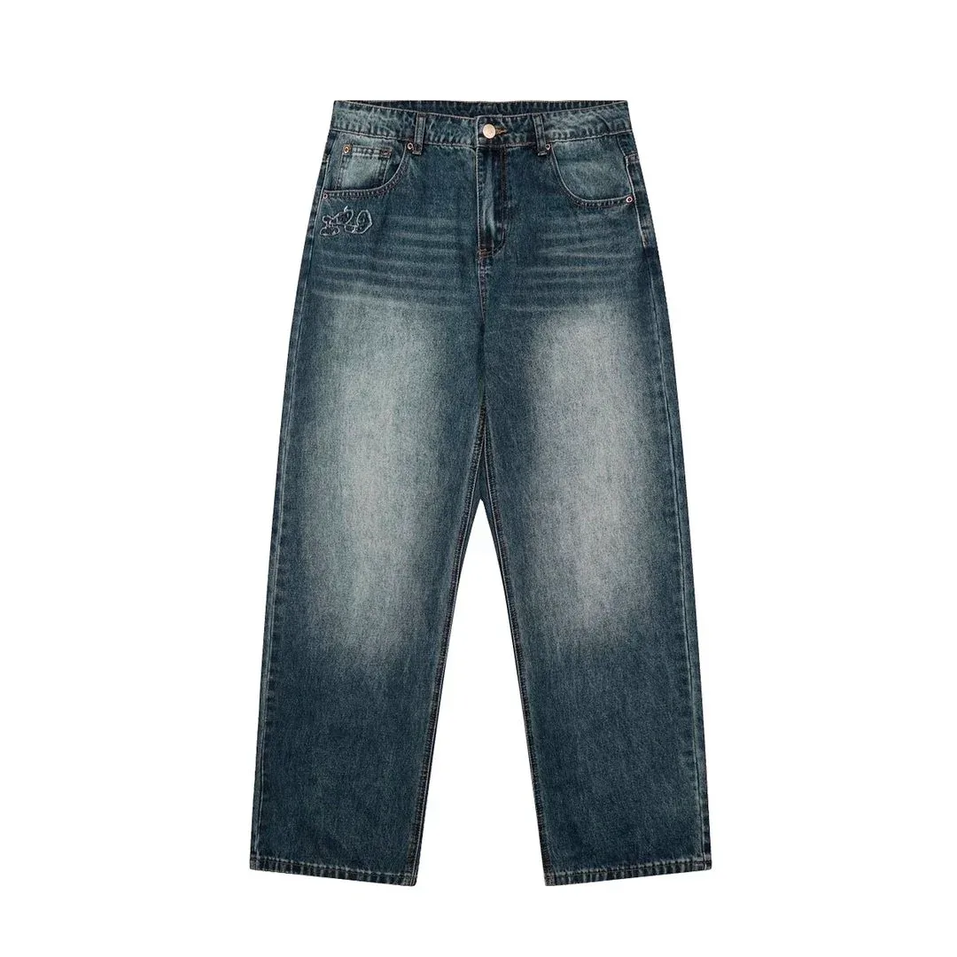 Other Unisex Distressed Denim Jeans with Embroidery Blue - 1