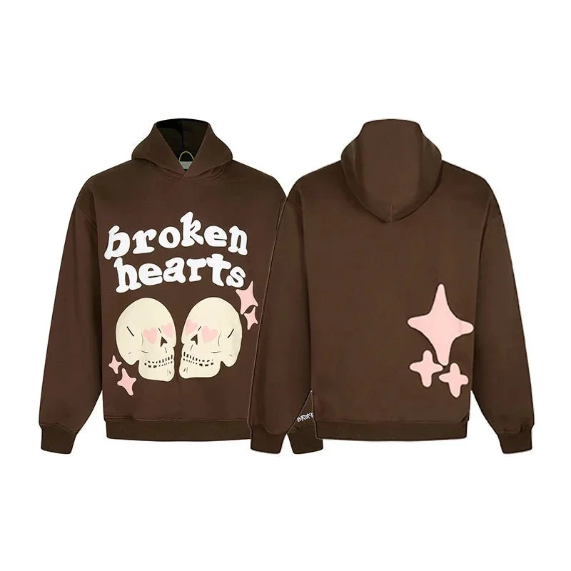 Other Unisex Brown 'Broken Hearts' Skull Print Hoodie Brown - 1