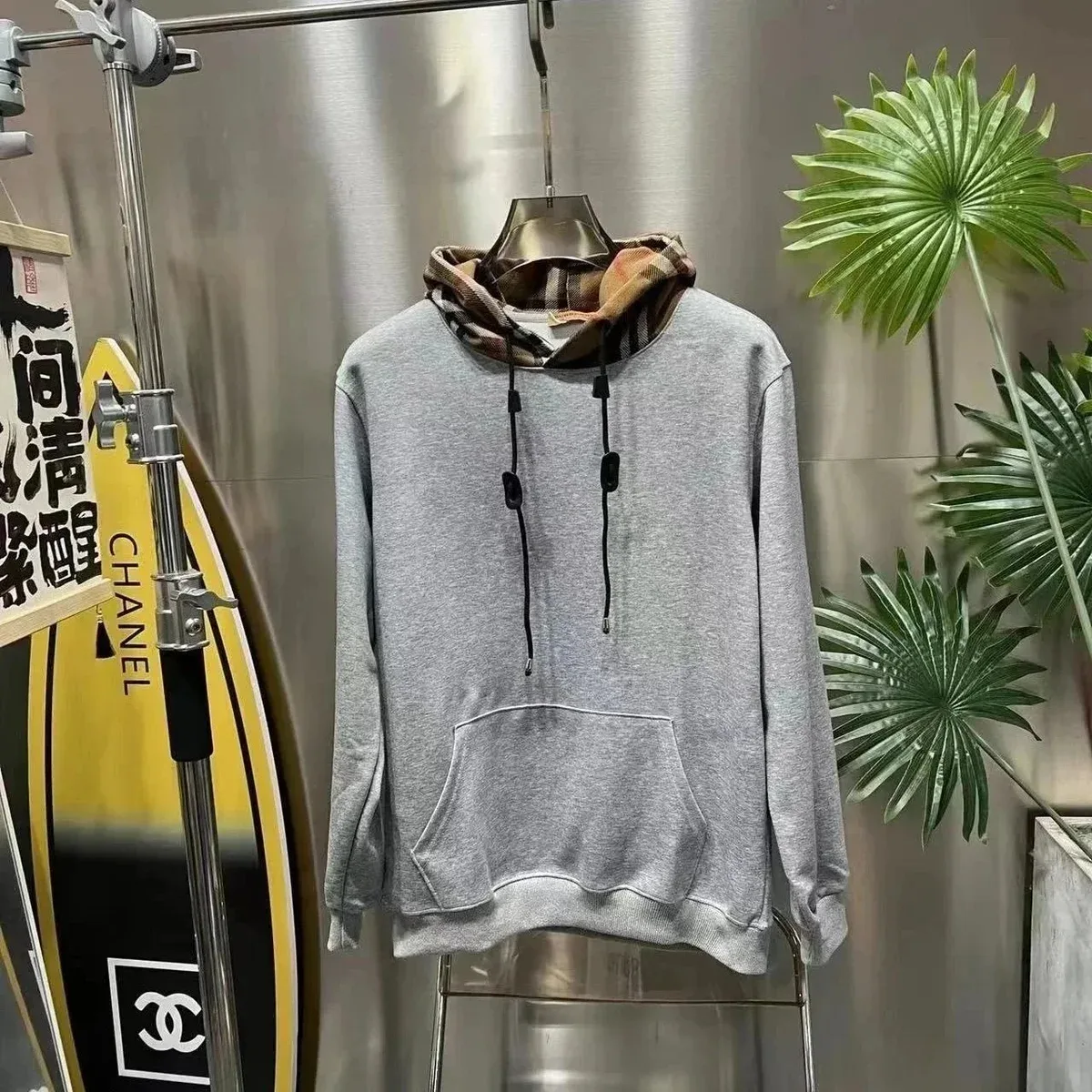 Other Unisex Grey Hoodie with Plaid-lined Hood Grey - 1