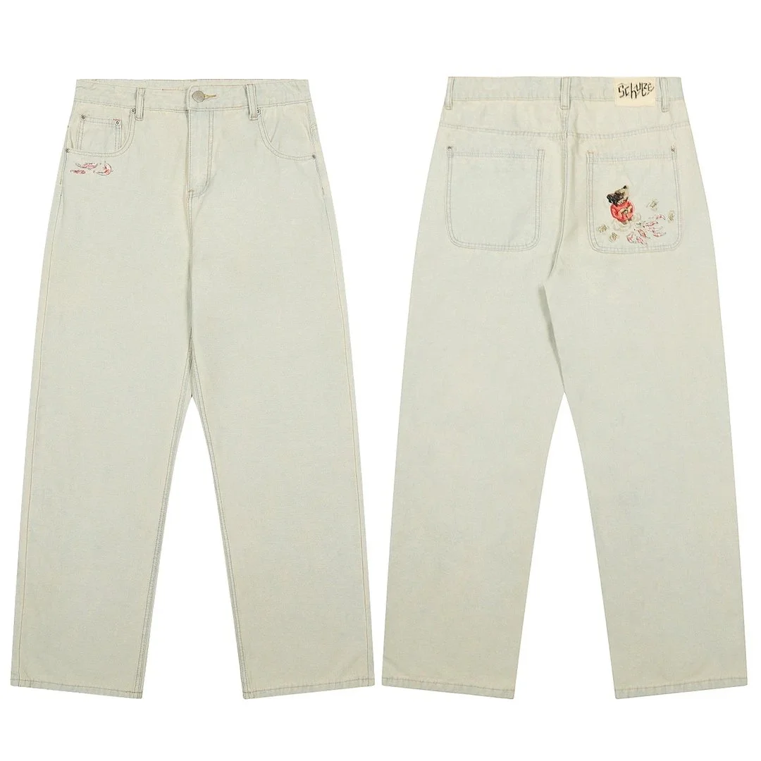 Other Unisex Light Wash Embroidered Jeans Beige - 1