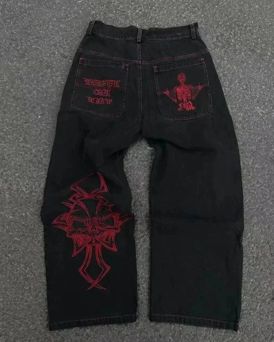 Other Black Embroidered Jeans with Red Cross & Skeleton Design Black - 1