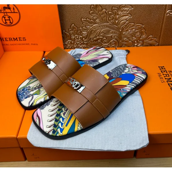 Hermès Hermès Leather & Print Sandals Brown