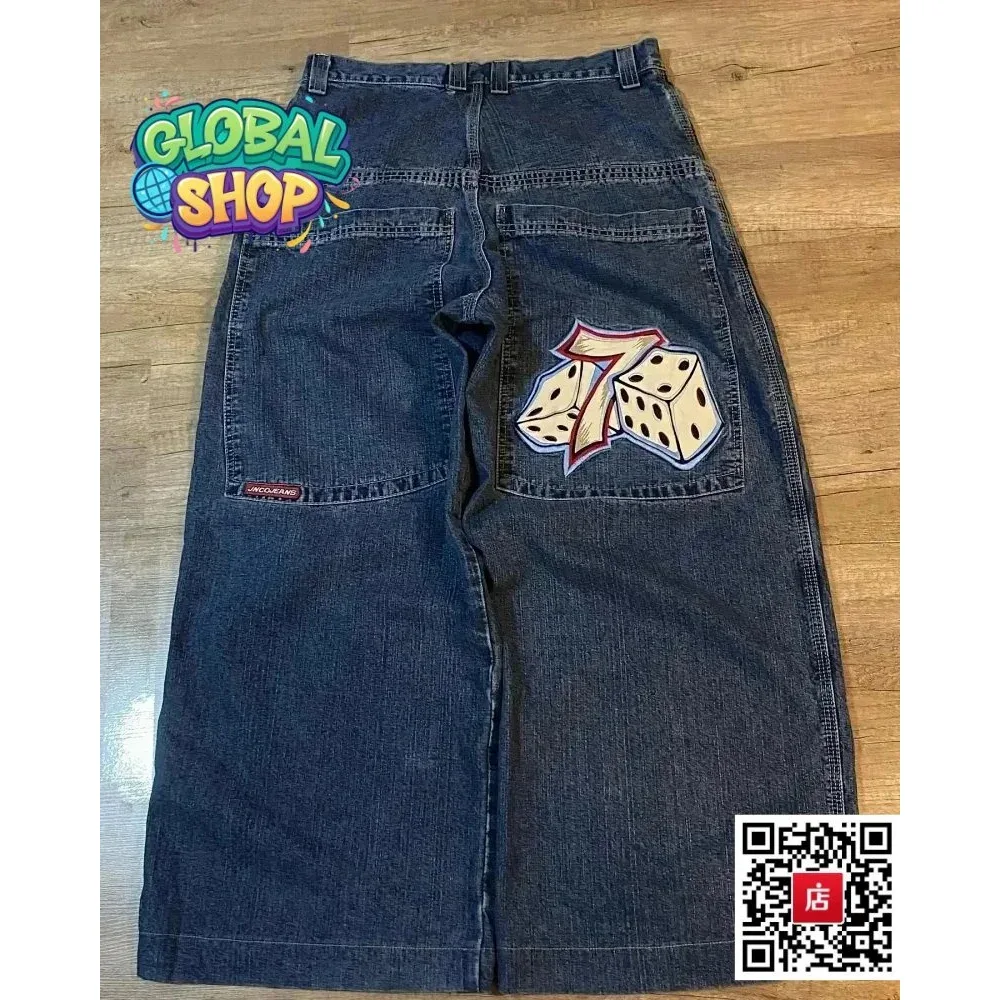 Other Unisex Denim Jeans with Dice Print Blue - 1