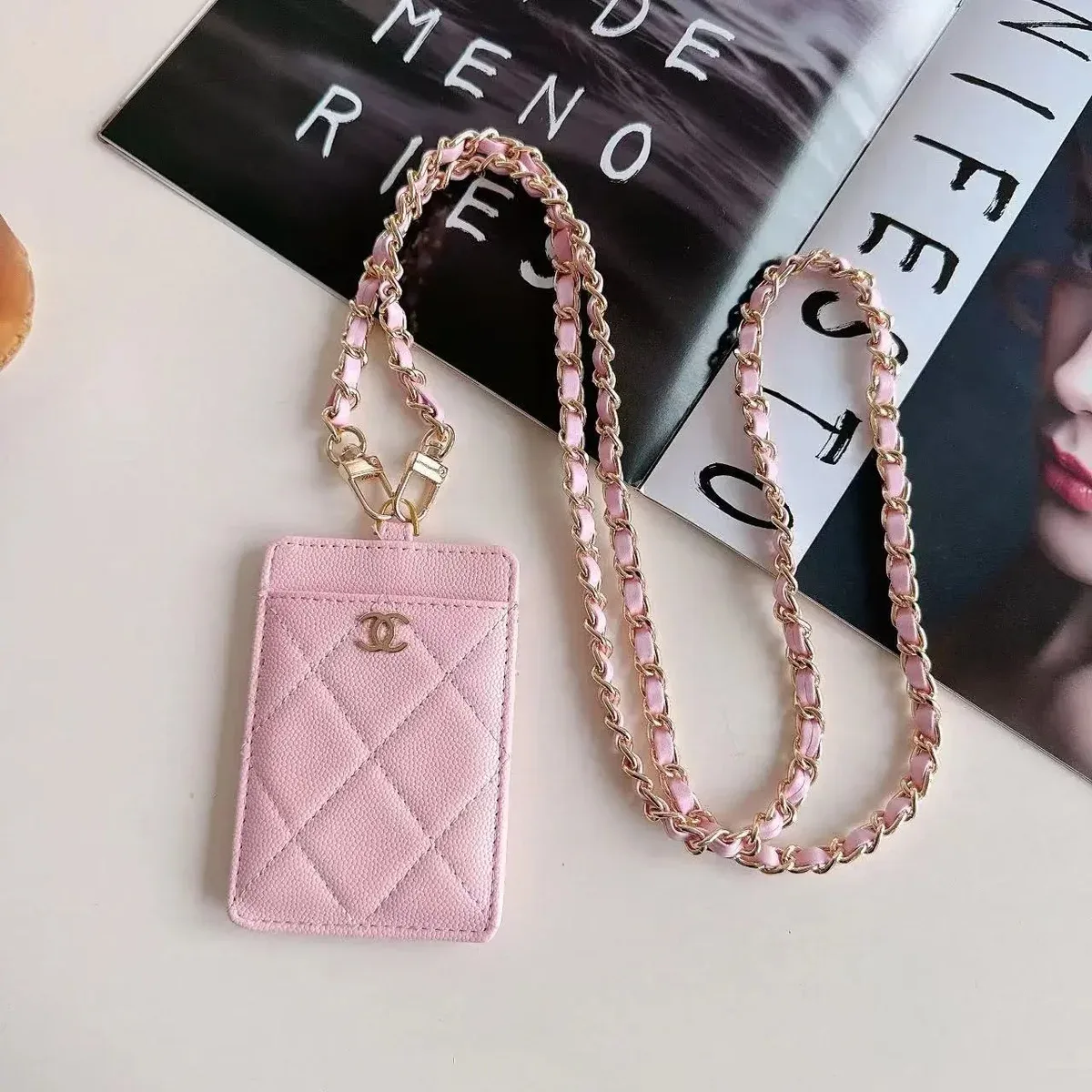 Chanel Chanel Pink Quilted Card Holder with Chain Strap Pink - 1
