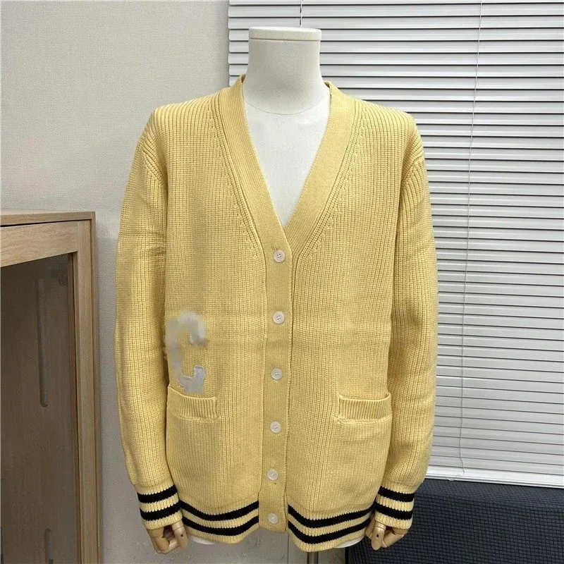Fear of God Unisex Yellow V-neck Knit Cardigan with Distressed Detail Yellow - 1