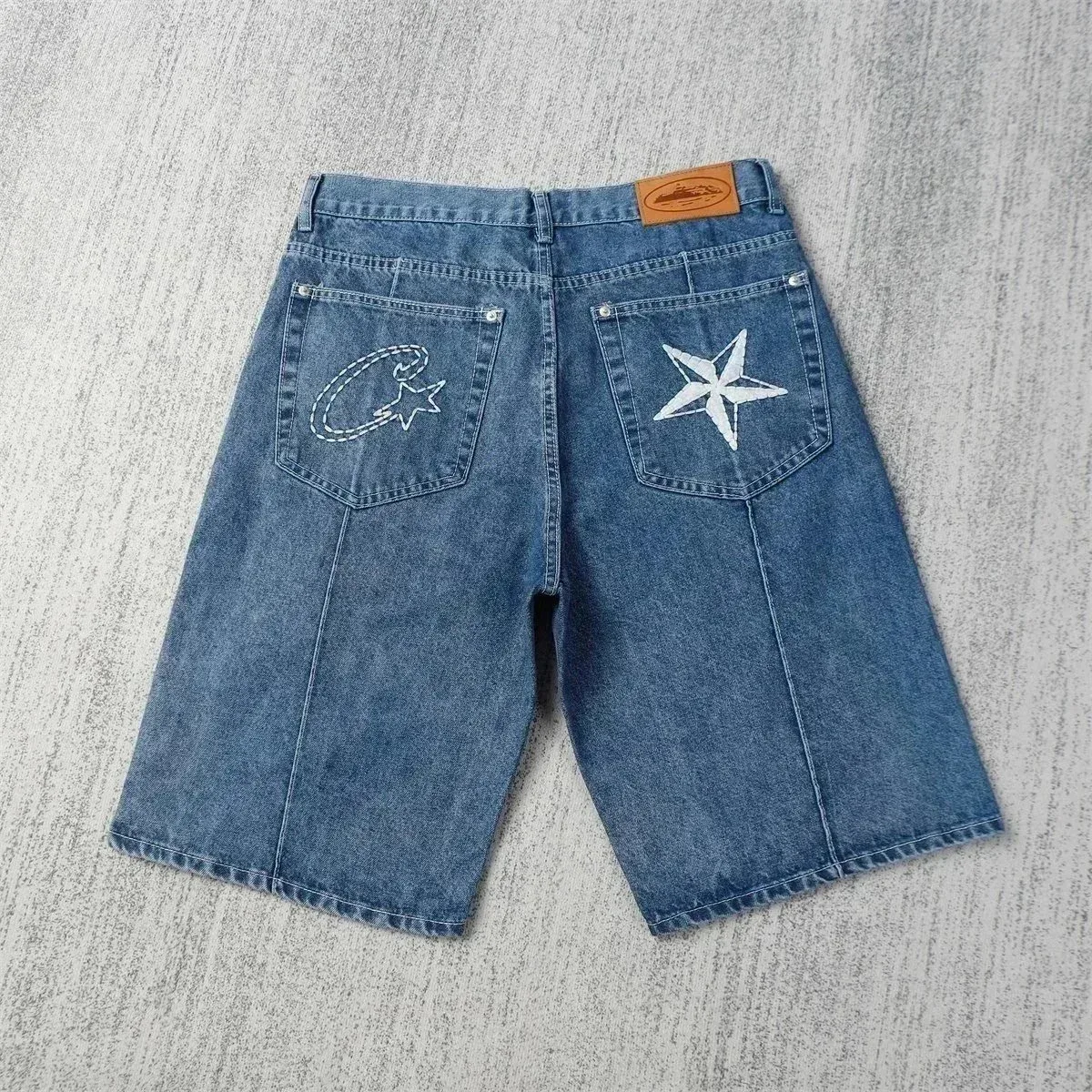Essentials Unisex Denim Shorts with Embroidered Star & Crescent Blue - 1