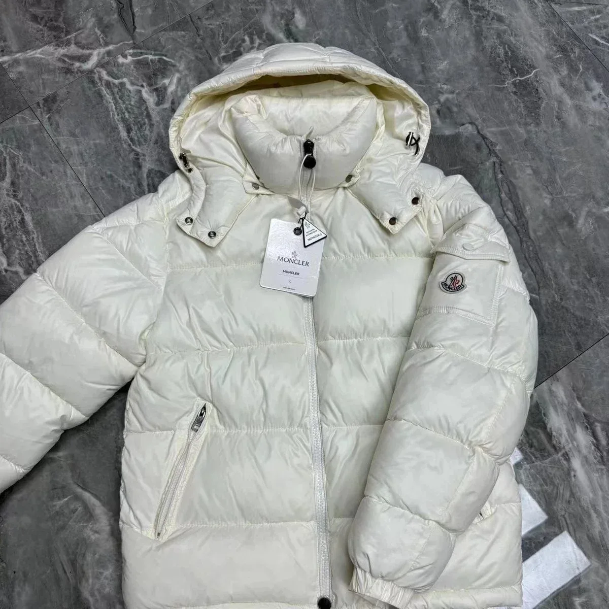 Moncler White Puffer Jacket with Hood
