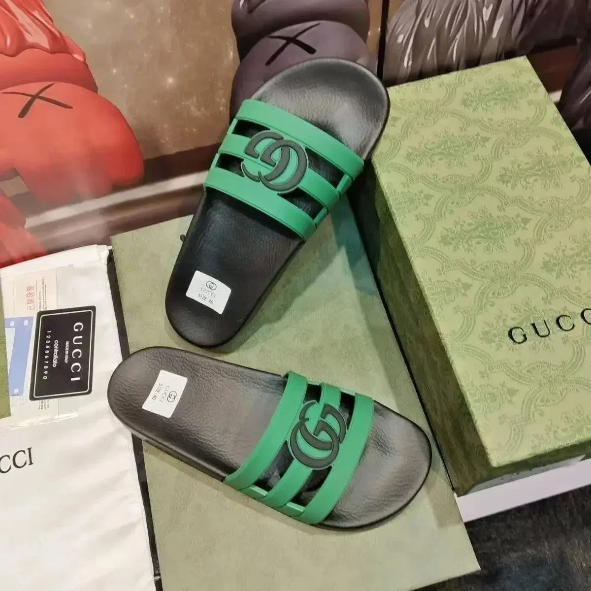 Gucci Gucci GG Logo Green & Black Slides Green - 1