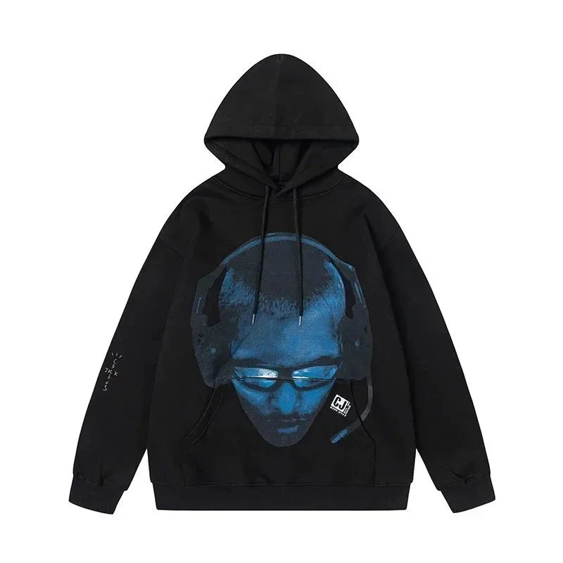 Travis Scott Unisex Black Hoodie with Blue Headphone Print Black - 1