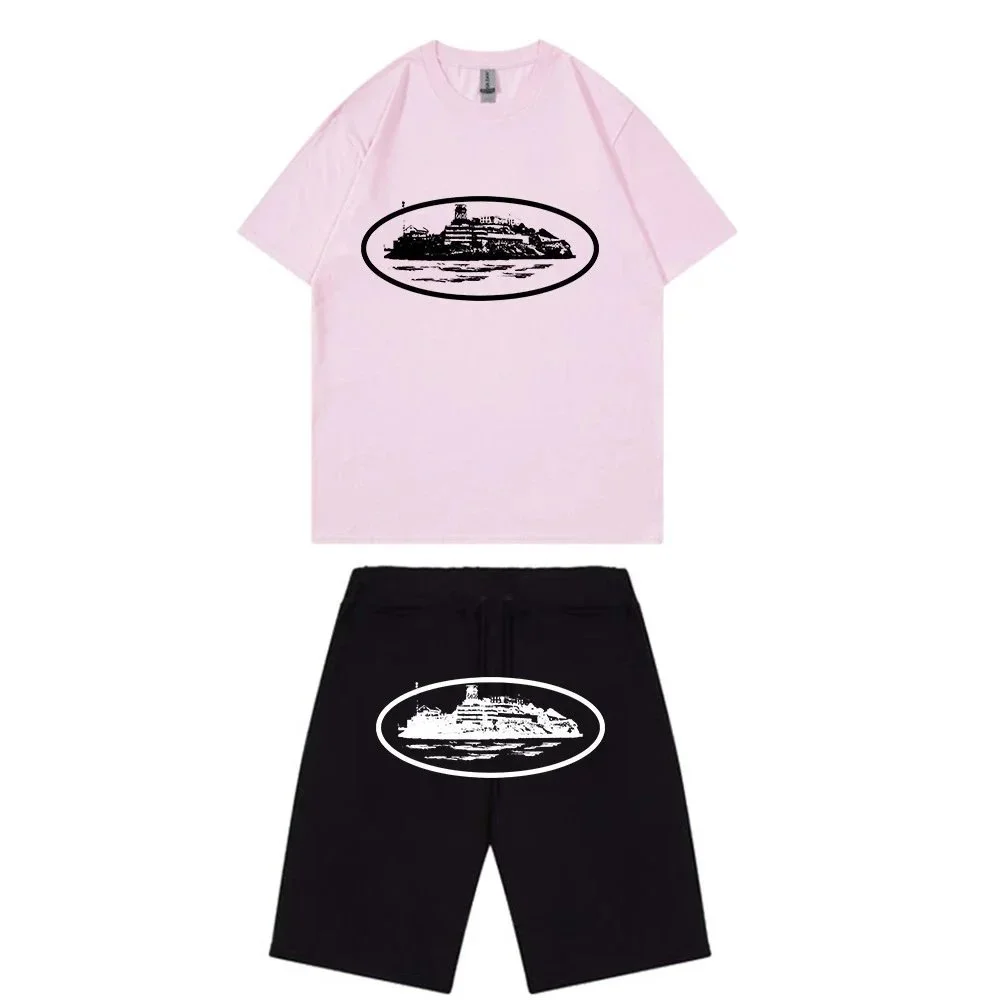 Other Co-ord Set: Pink T-Shirt & Black Shorts with Island Print Pink - 1