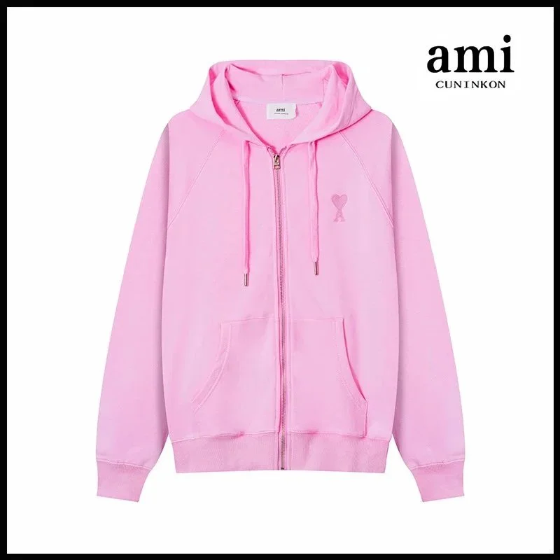 Ami Paris Ami Paris Pink AM Heart Zip-Up Hoodie Pink - 1