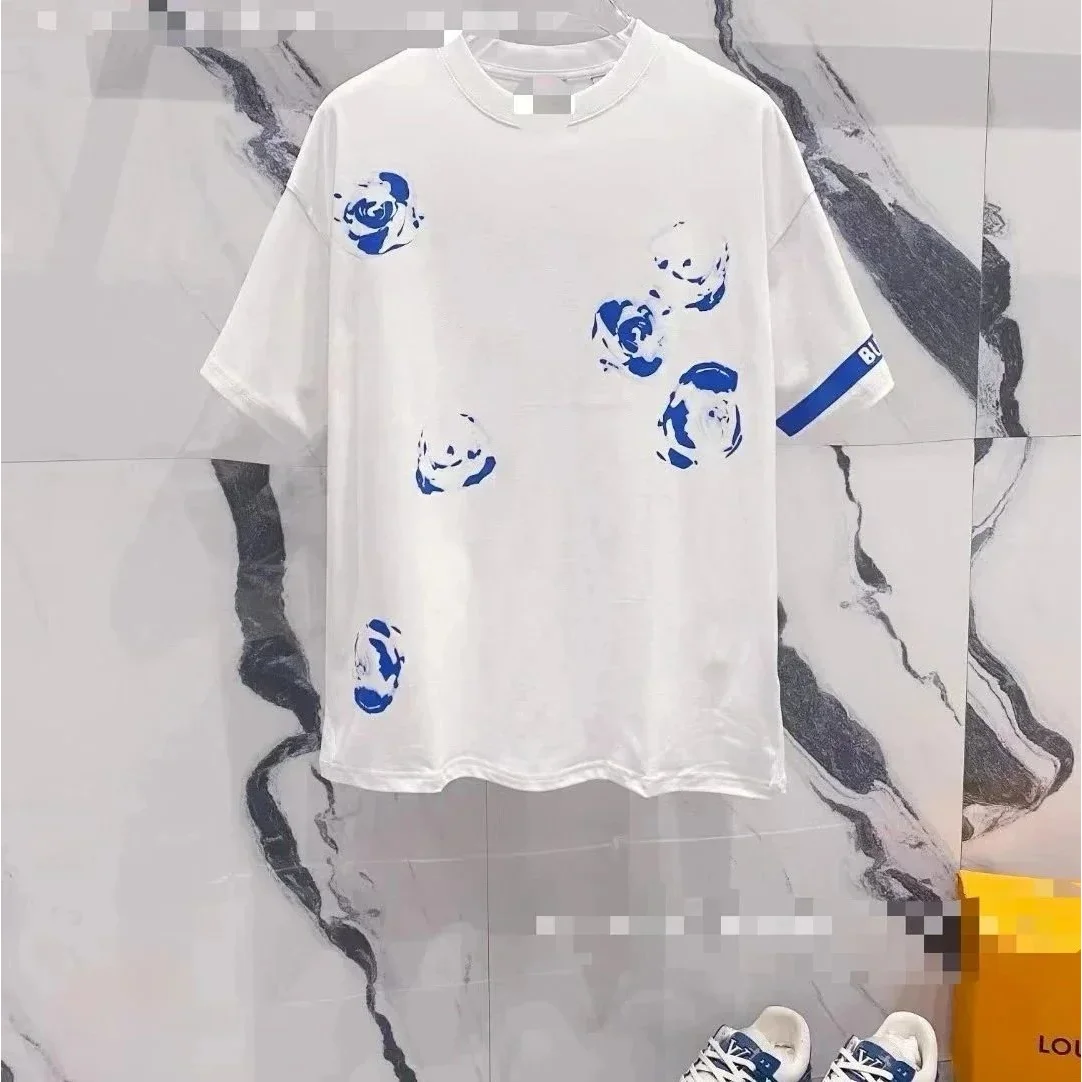 Burberry White Blue Rose Print Oversized T-Shirt White - 1