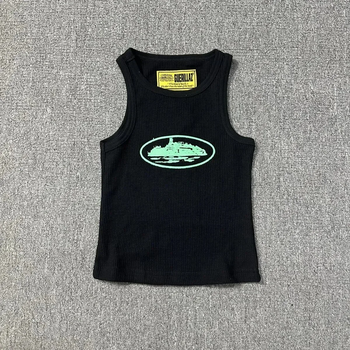 Guerillaz Black Ribbed Tank Top with Green Boat Print Black - 1
