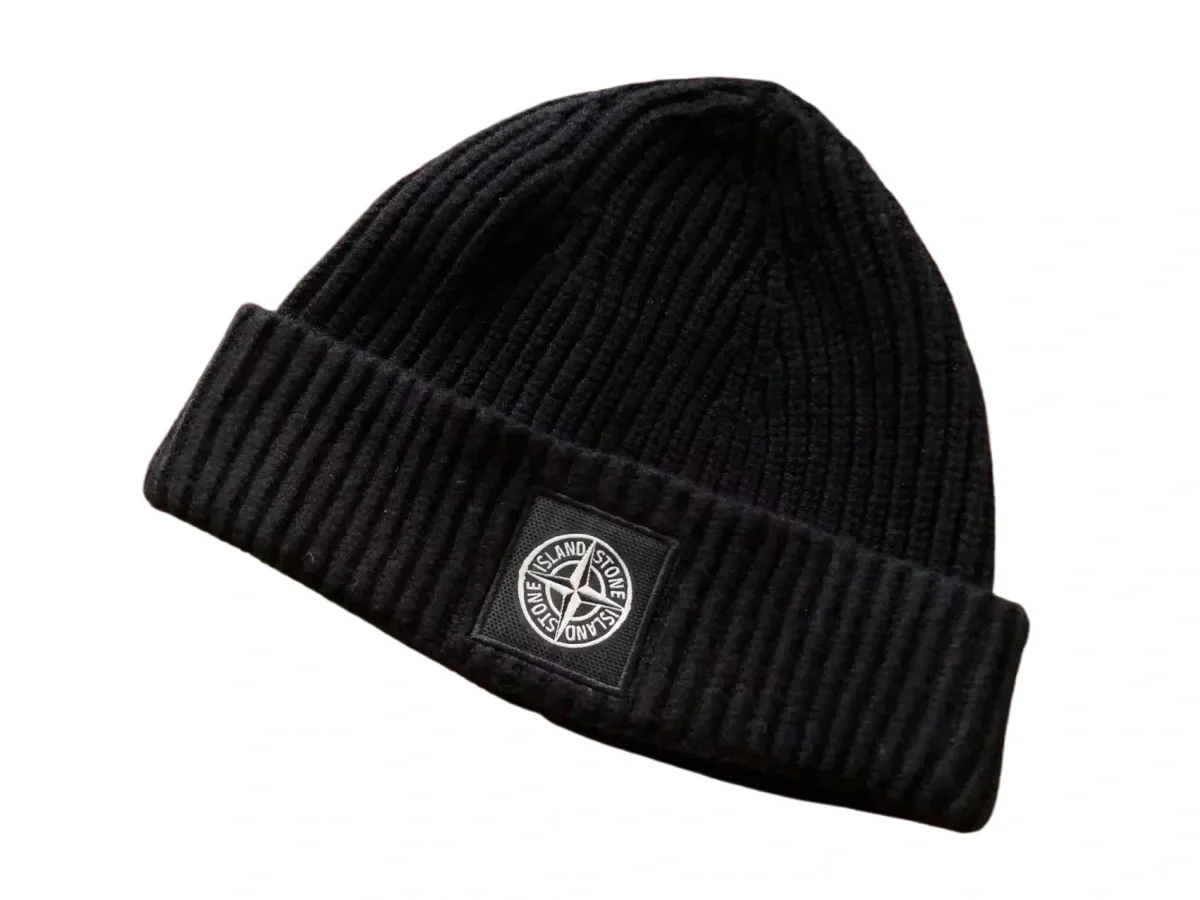 Stone Island Stone Island Black Ribbed Beanie with Compass Patch Black