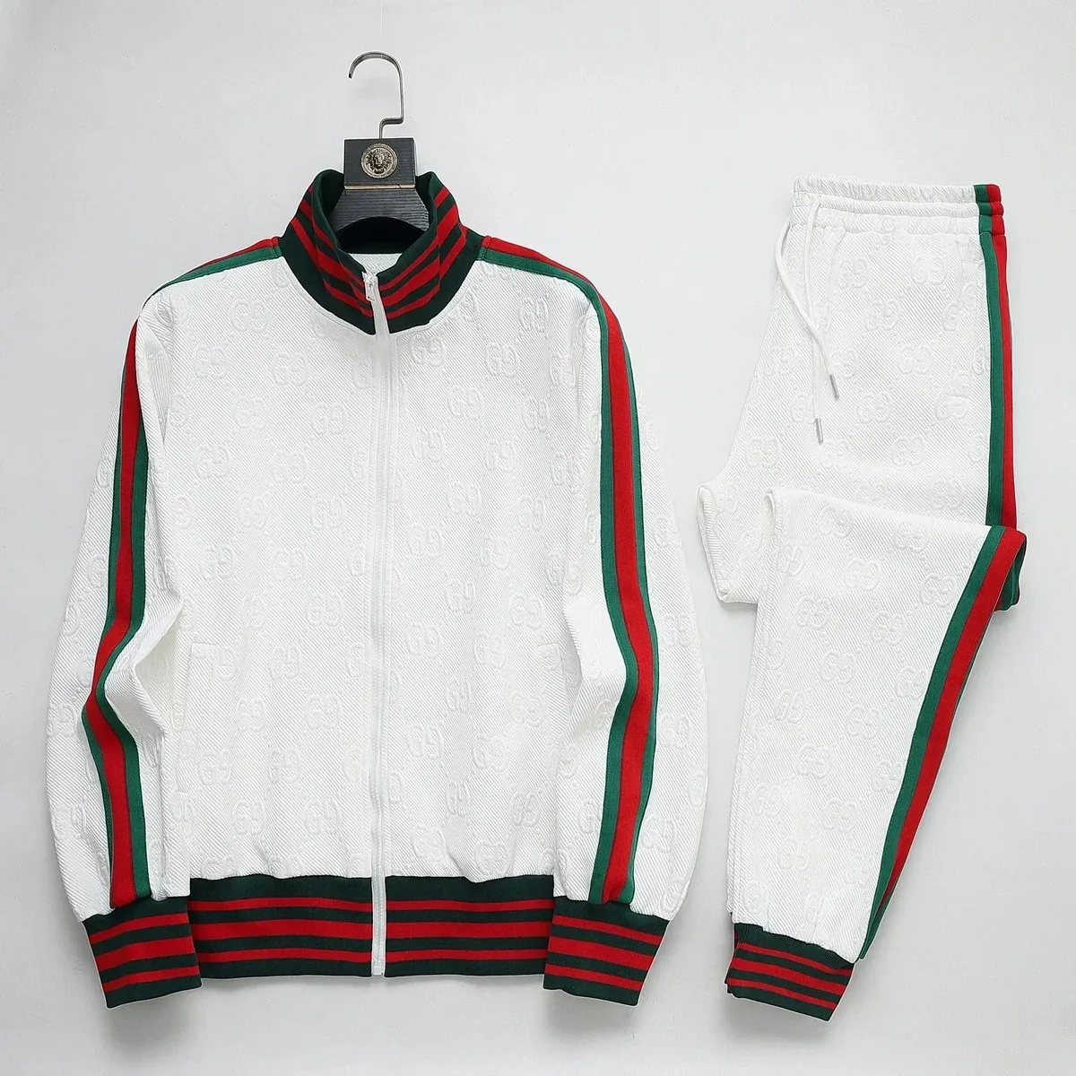 Gucci Gucci White GG Monogram Tracksuit with Red & Green Stripes White - 1