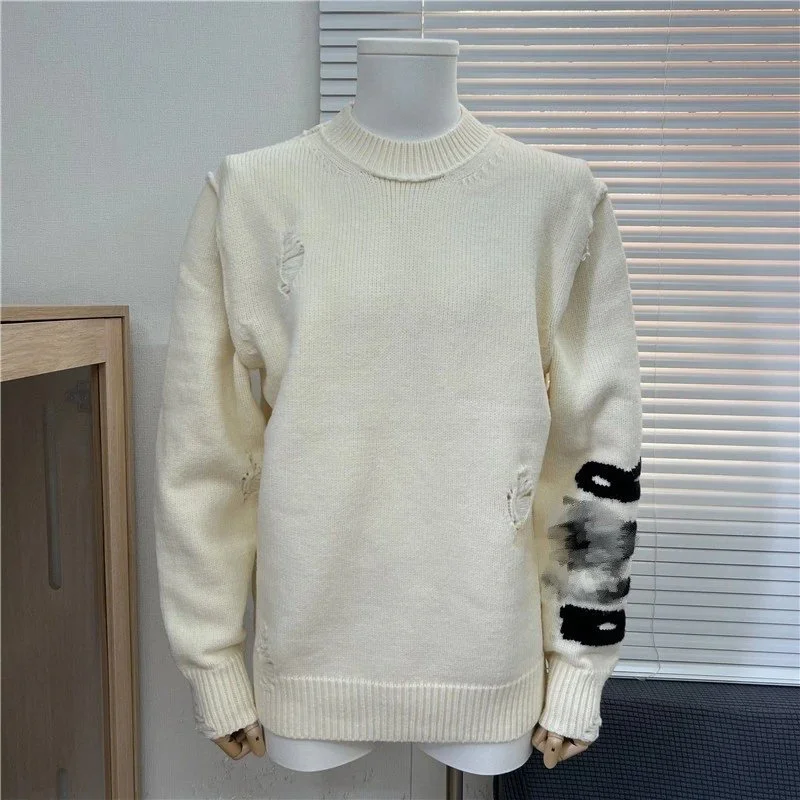 Other Unisex Distressed Knit Sweater with Graphic Patch White - 1