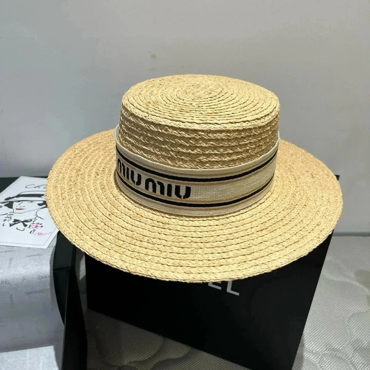 Miu Miu Miu Miu Straw Hat with Logo Band Beige - 1