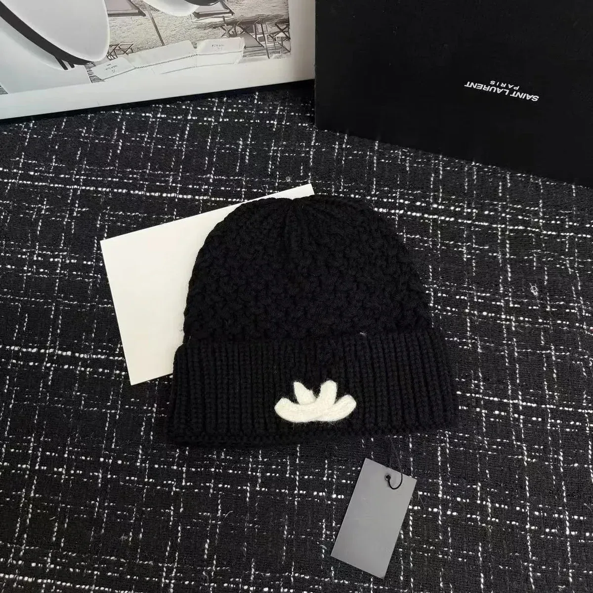 Saint Laurent Saint Laurent Black White Embroidered Beanie Black - 1