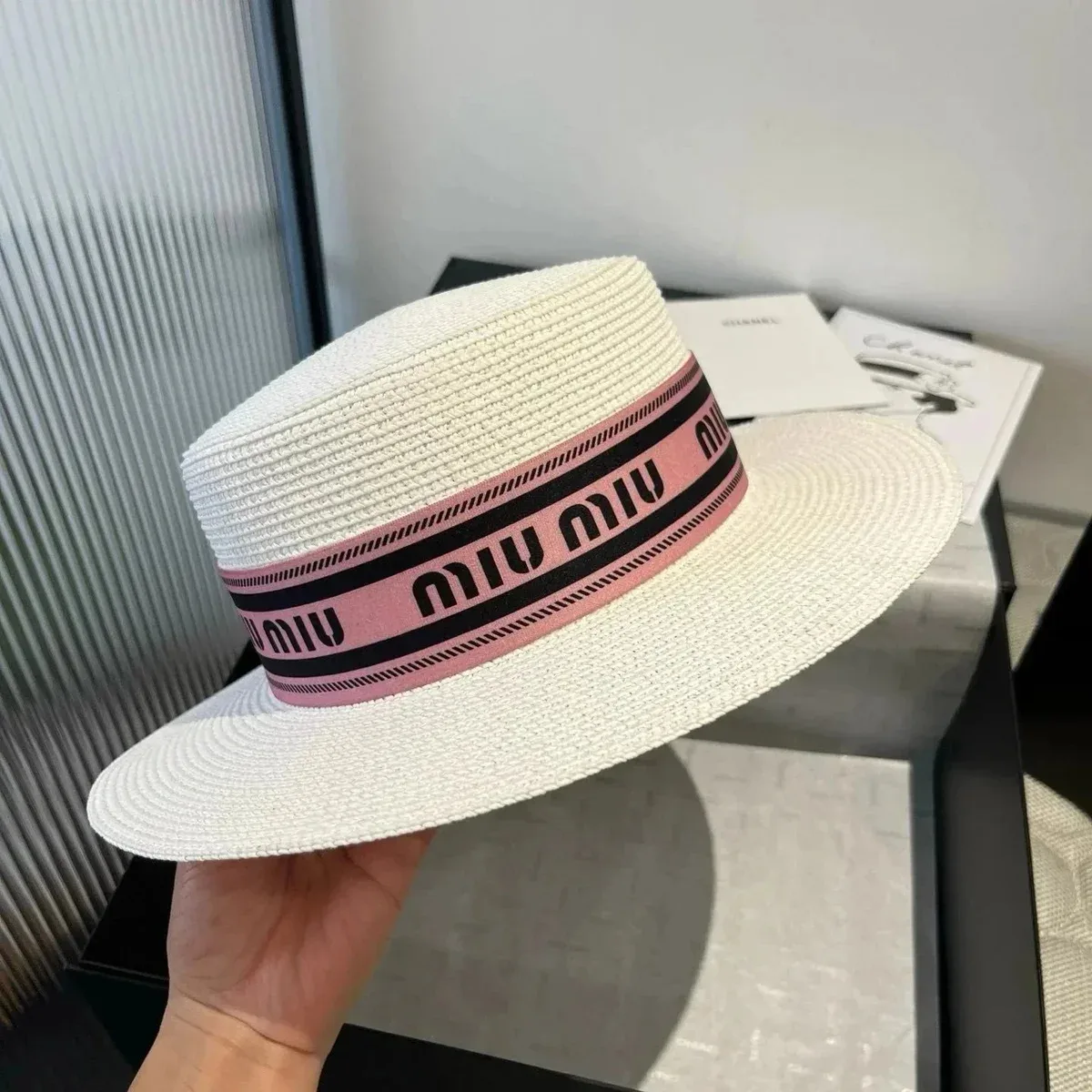 Miu Miu Miu Miu White Straw Hat with Pink Band White - 1