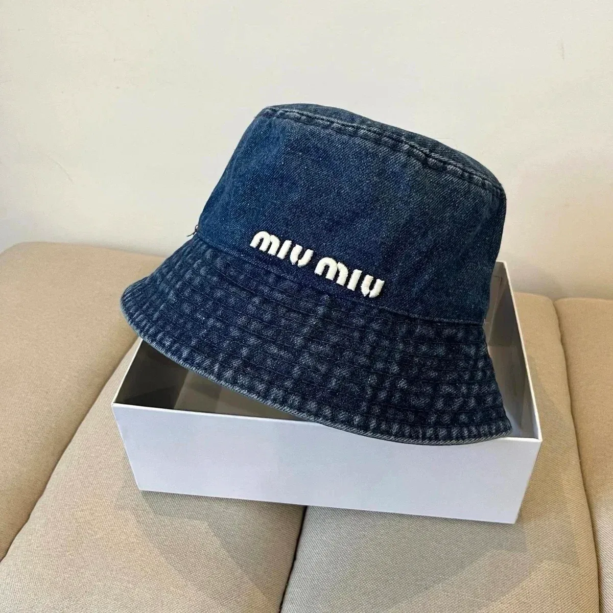 Miu Miu Miu Miu Denim Bucket Hat with Embroidered Logo Navy - 1