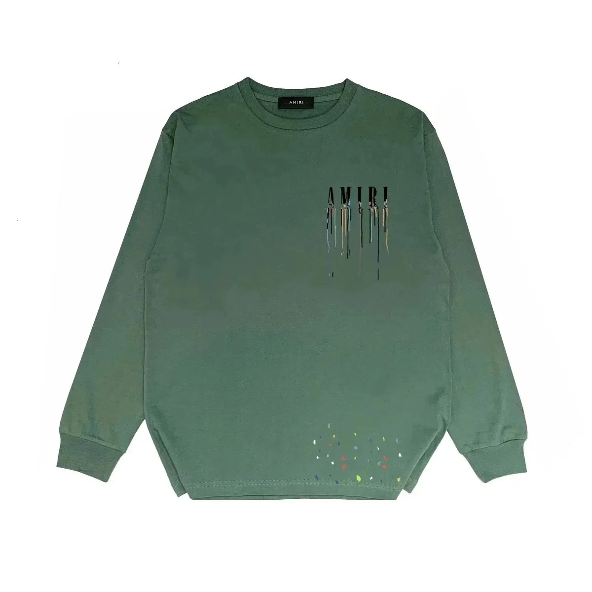 Amiri Amiri Green Long Sleeve T-Shirt with Paint Splatter Detail Green - 1