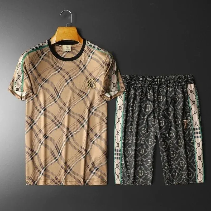 Other Men's Plaid & Monogram Co-ord Set Beige & Black Shorts & T-Shirt Beige - 1