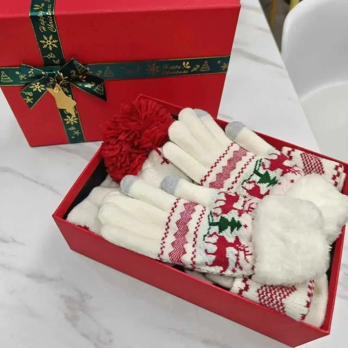 Other Unisex Christmas Pom-Pom Gloves in Red & White White - 1