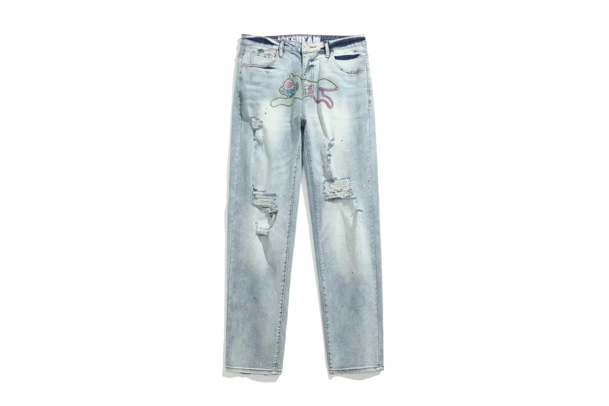 Other Light Wash Distressed Jeans with Embroidery Blue - 1