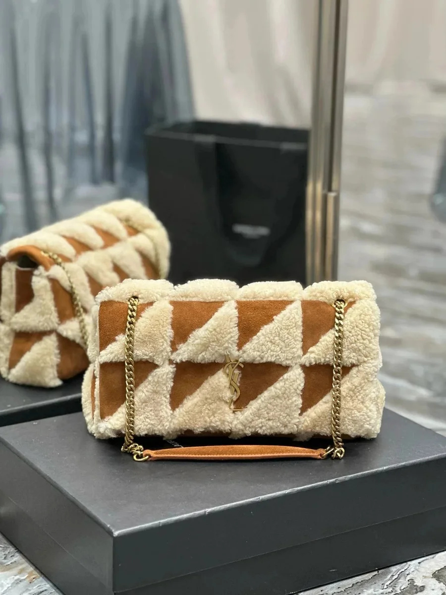 Saint Laurent Saint Laurent Lou Shearling Quilted Shoulder Bag Camel/White Beige - 1
