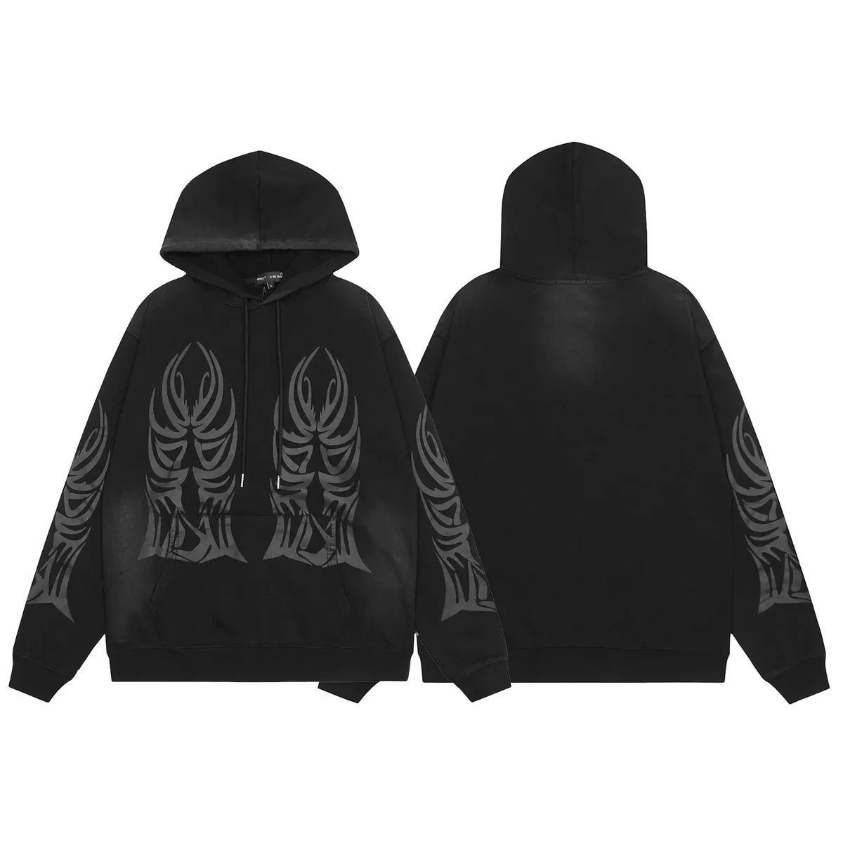 Other Black Tribal Print Oversized Hoodie Black - 1