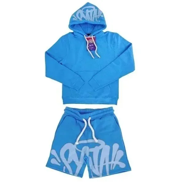Other Blue Graffiti Print Hoodie & Shorts Set Blue - 1