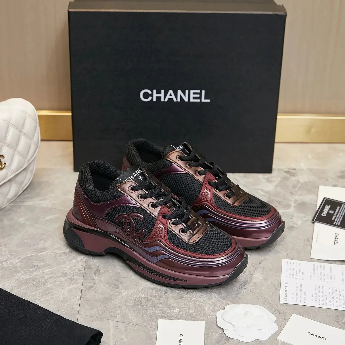 Chanel Chanel Run Chanel Court Sneaker Burgundy Leather & Mesh Red