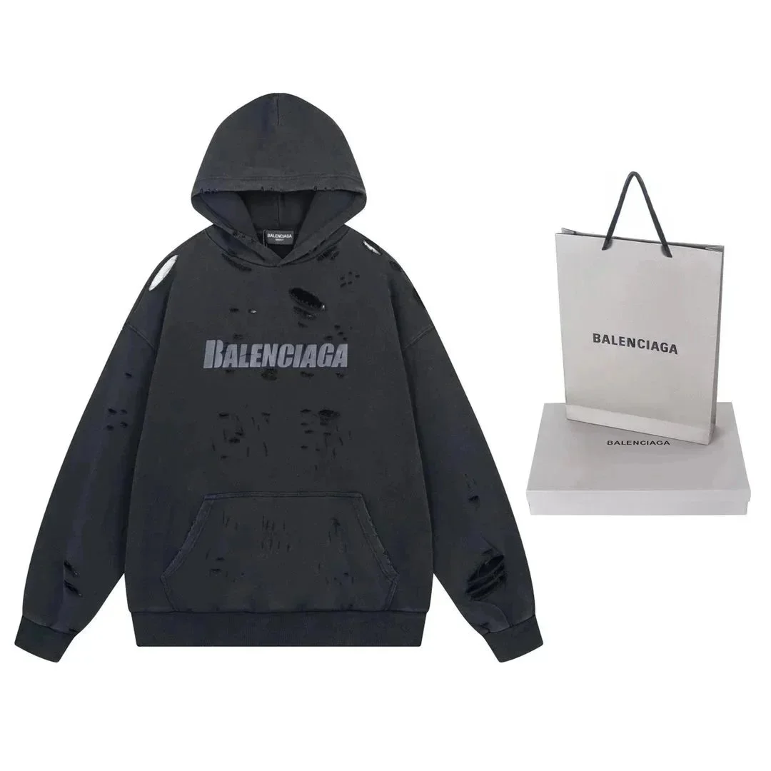 Balenciaga Balenciaga Distressed Hoodie Black Cotton Sweatshirt Black - 1