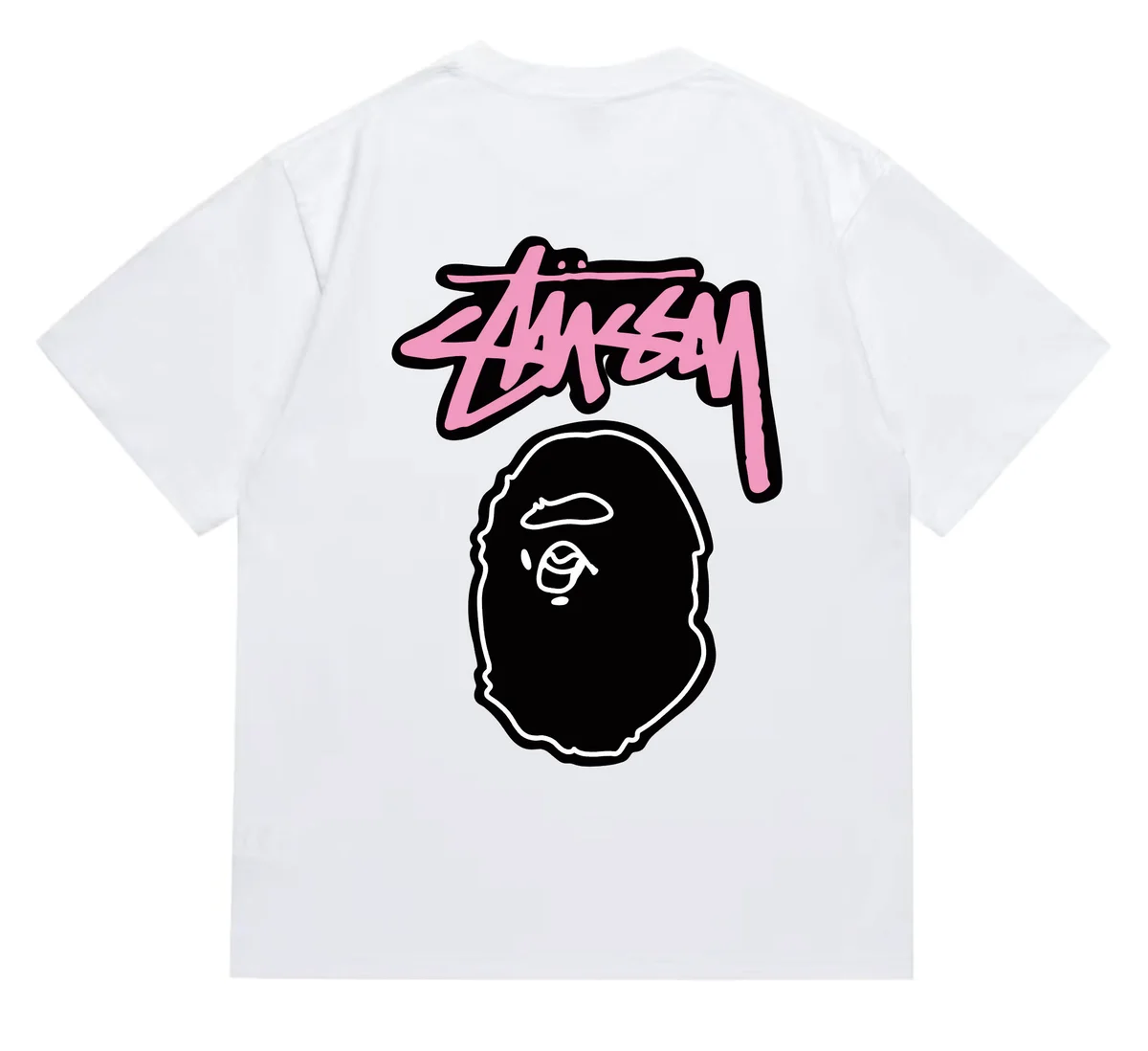 A Bathing Ape BAPE BAPE STA White with Pink Stussy Graphic T-Shirt White - 1