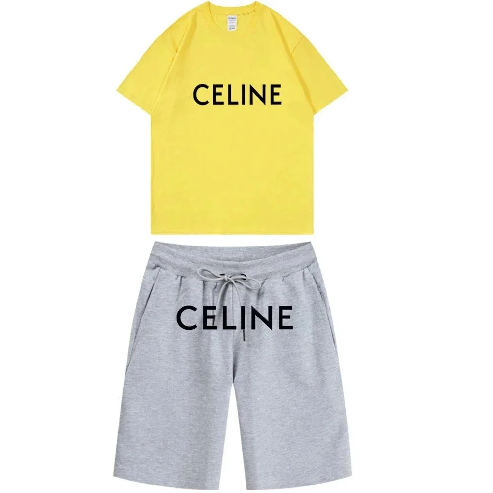 Celine Celine Yellow 'CELINE' Logo T-Shirt & Grey Shorts Set Yellow - 1
