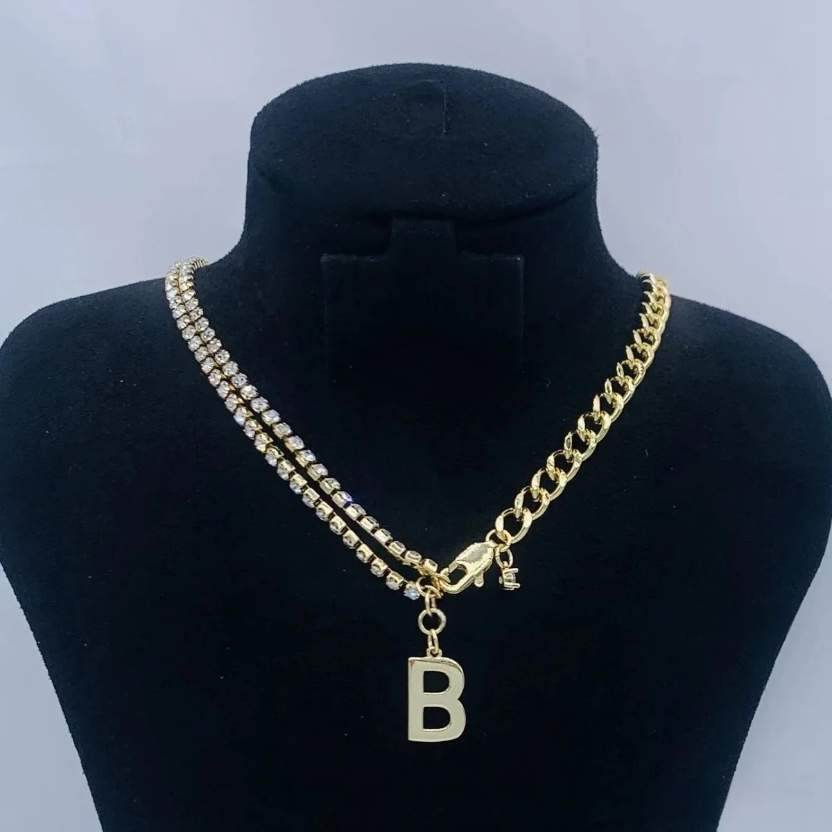 Other Gold Letter 'B' Pendant Necklace with Rhinestone Chain Gold - 1
