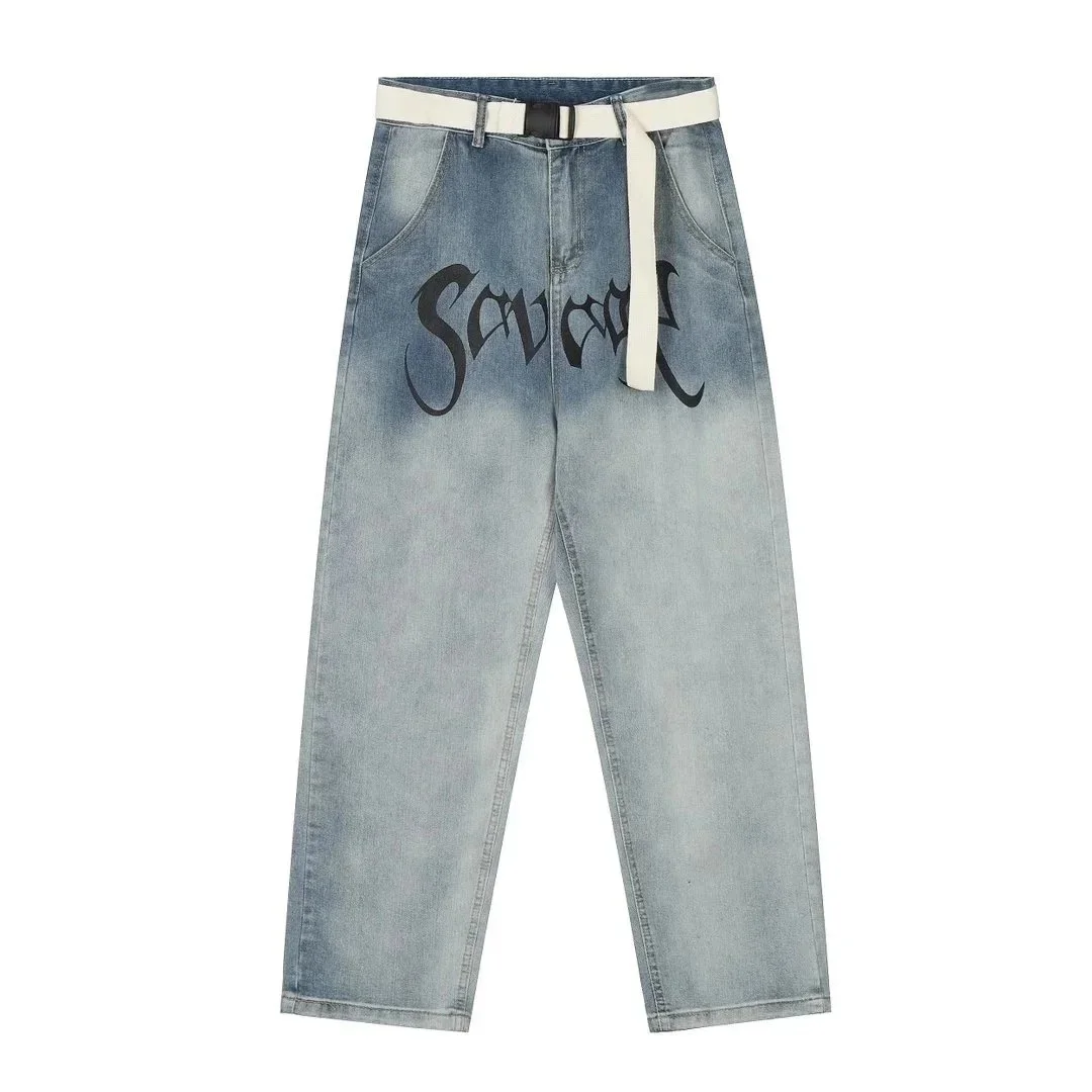 Other Light Blue 'Savage' Print Jeans with White Belt Blue - 1