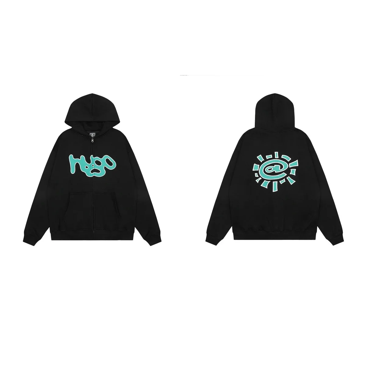 Other Black Hugo Zip-Up Hoodie with Turquoise Graphic Black - 1