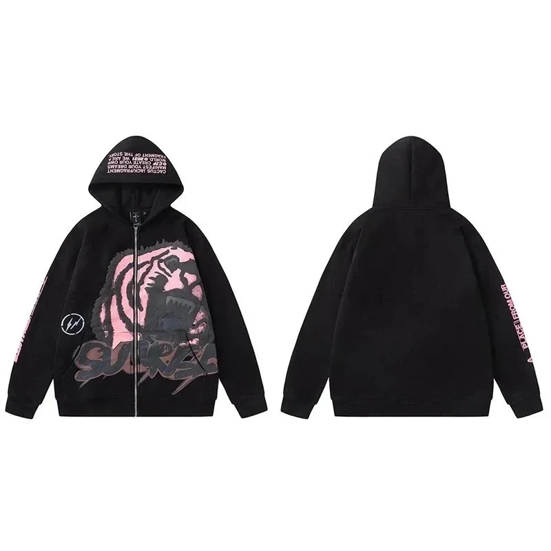 Other Black Pink Tiger Print Zip-Up Hoodie Black - 1