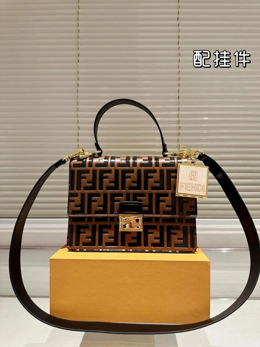 Fendi Fendi Peekaboo FF Logo Brown Leather Handbag Brown - 1