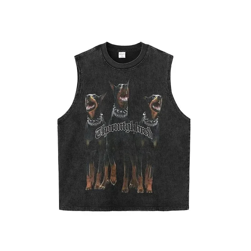 Other Unisex Black Doberman Print Denim Muscle Vest Black - 1