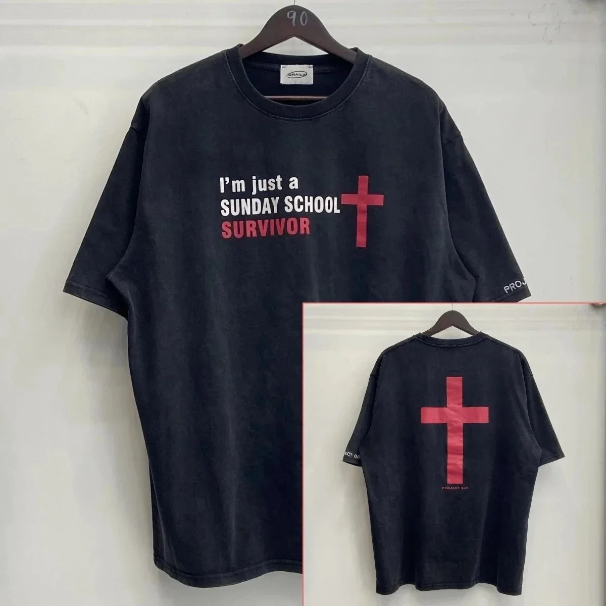 Other Unisex Black 'Sunday School Survivor' T-Shirt with Red Cross Black - 1