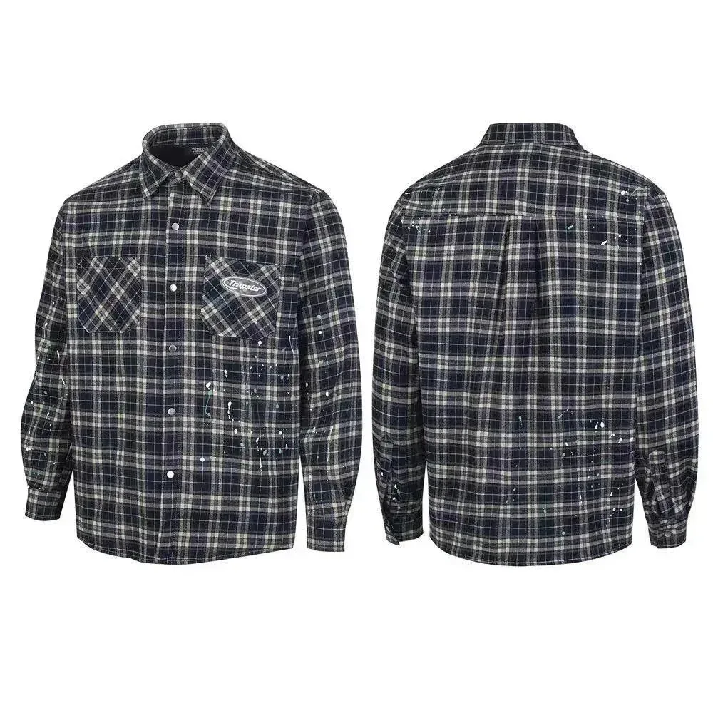 Other Flannel Shirt T927 Khaki Grid Long Sleeve Top Brown - 1