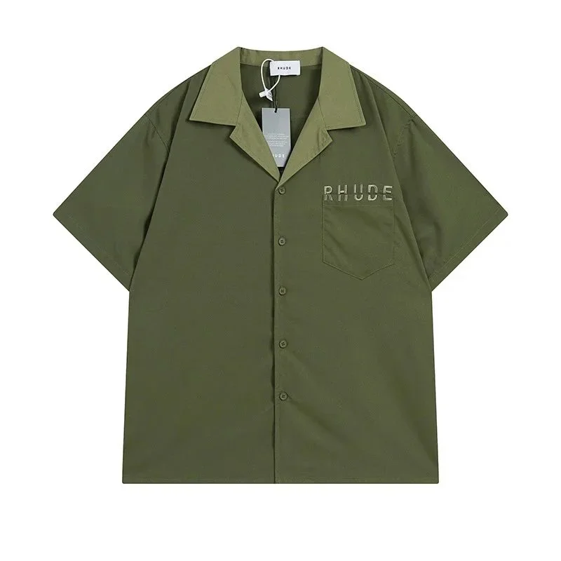 Rhude Rhude Olive Green Logo Embroidered Short Sleeve Shirt Green - 1