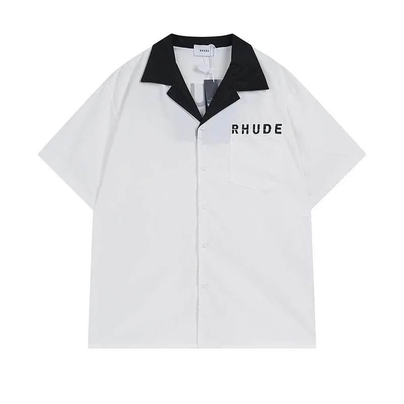 Rhude Rhude White & Black Collar Short Sleeve Shirt White - 1