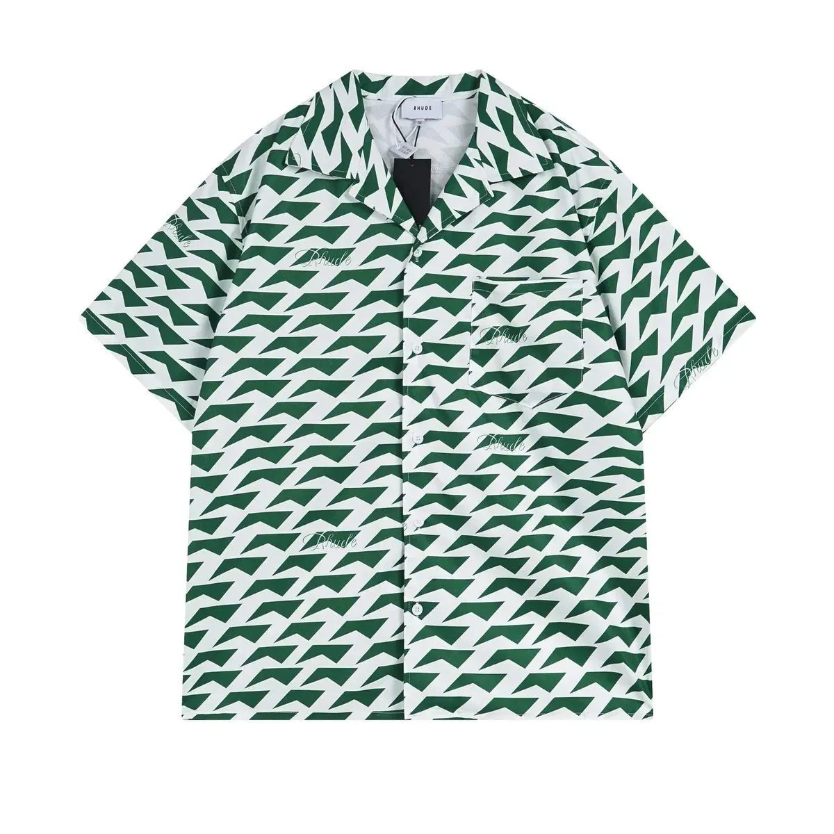 Rhude Rhude Zigzag Print Short Sleeve Shirt White/Green Green - 1